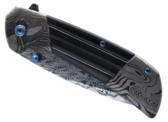 7.75-inch titanium and damascus folding knife shown open with 420C stainless steel blade.