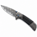 7.75-inch titanium and damascus folding knife shown open with 420C stainless steel blade.