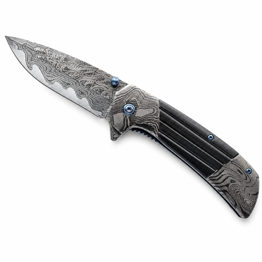 7.75-inch titanium and damascus folding knife shown open with 420C stainless steel blade.