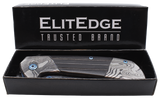 titanium and damascus folding knife displayed inside manufacturer packaging