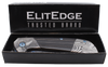 titanium and damascus folding knife displayed inside manufacturer packaging