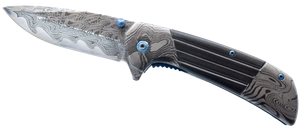 7.75-inch titanium and damascus folding knife shown open with 420C stainless steel blade