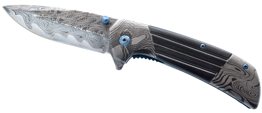7.75-inch titanium and damascus folding knife shown open with 420C stainless steel blade