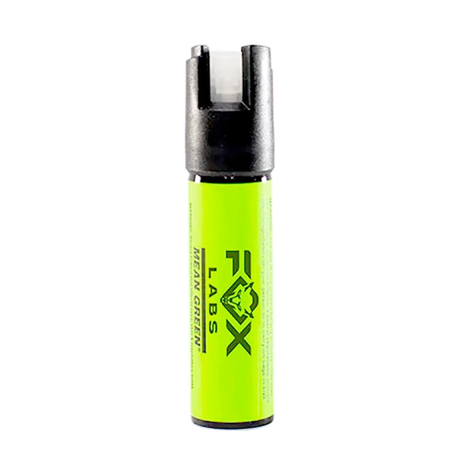 Fox Labs Mean Green Cone Pepper Spray 0.5 Ounce with cone fog spray pattern and green UV marking dye for personal protection.