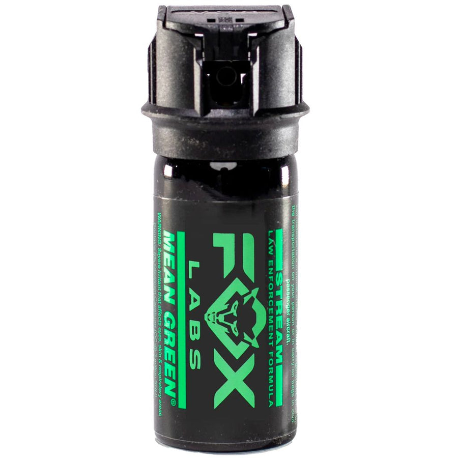 Fox Labs Mean Green Stream Pepper Spray 1.5 Ounce with precision stream spray pattern and green UV marking dye for personal protection.