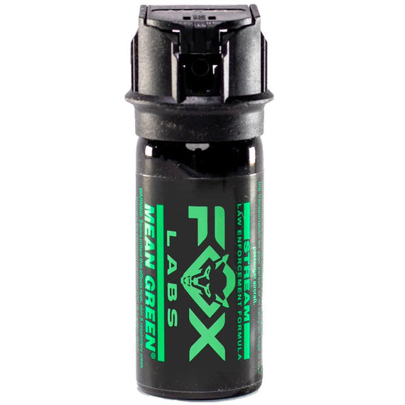 Fox Labs Mean Green Stream Pepper Spray 1.5 Ounce with precision stream spray pattern and green UV marking dye for personal protection.