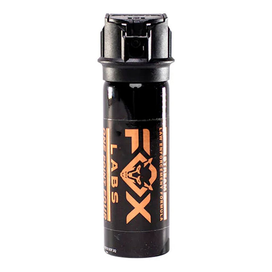 Fox Labs One Point Four Stream Pepper Spray 2 oz with stream spray pattern and UV marking dye.