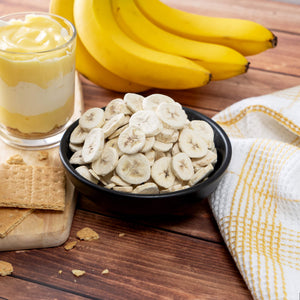  freeze‑dried bananas presented in a serving dish, displayed as part of a long‑term survival‑food assortment