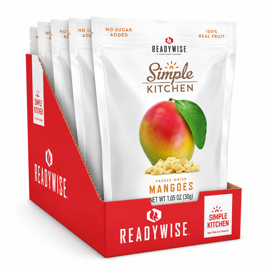 Simple Kitchen Freeze-Dried Mangoes 6 Pack featuring six pouches of real freeze-dried mango snacks with no artificial flavors or preservatives