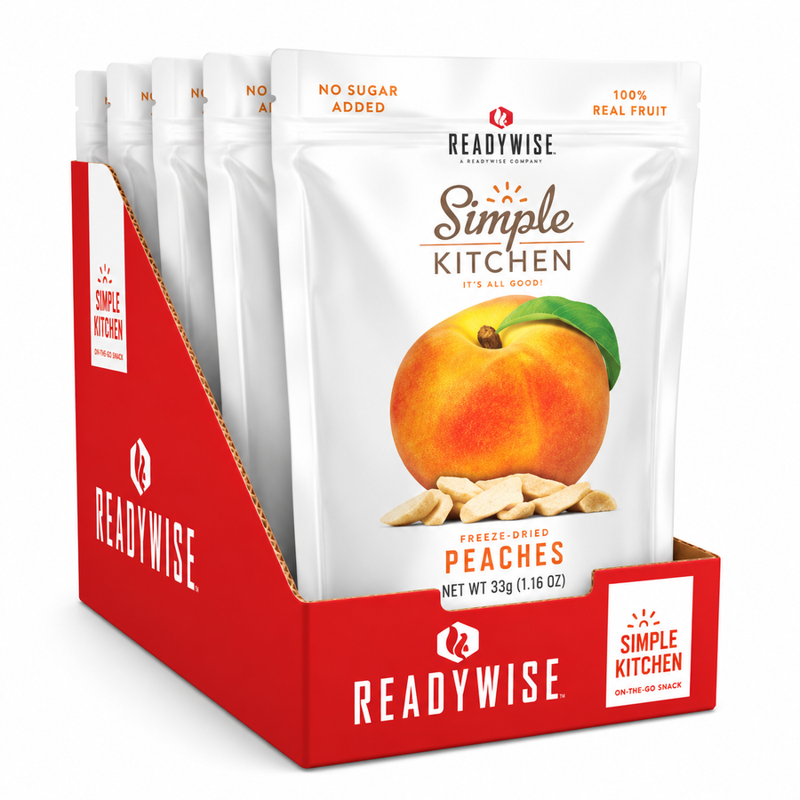 Simple Kitchen Freeze-Dried Peaches 6 Pack featuring six pouches of real freeze-dried peach snacks with no artificial flavors or preservatives
