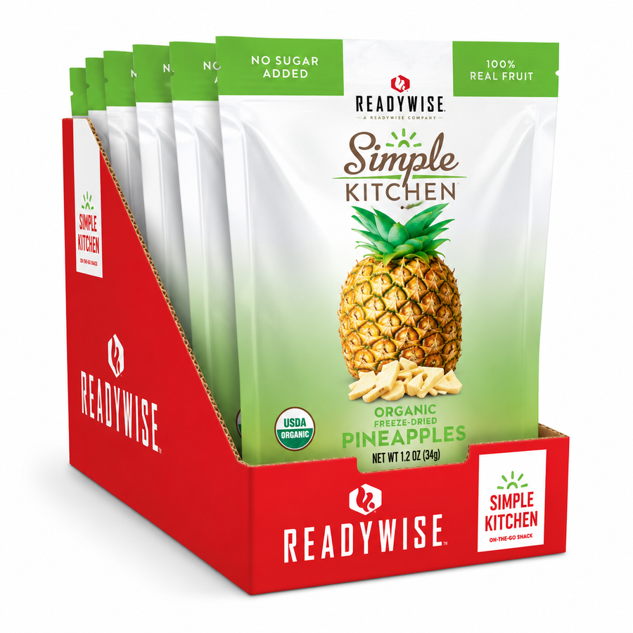Simple Kitchen Organic Freeze-Dried Pineapples 6 Pack featuring six pouches of organic pineapple snacks with no artificial flavors or preservatives