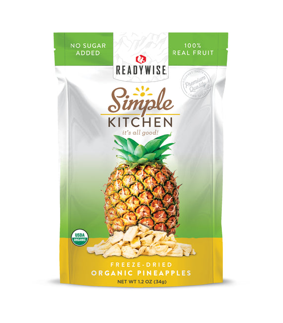 Simple Kitchen Organic Freeze-Dried Pineapples 6 Pack featuring six pouches of organic pineapple snacks with no artificial flavors or preservatives