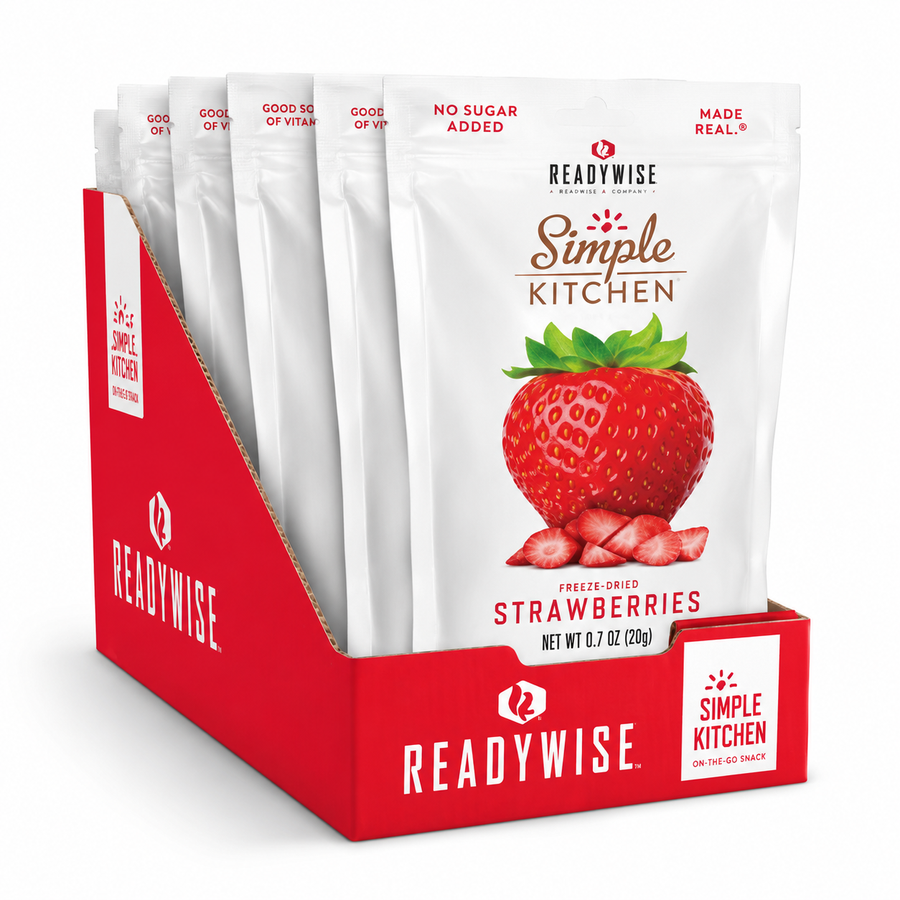 Freeze-Dried Strawberries 6 Pack by Simple Kitchen ReadyWise featuring six pouches of real freeze-dried strawberries with no artificial flavors or preservatives