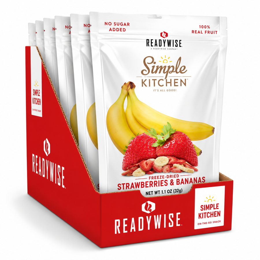 Simple Kitchen Freeze-Dried strawberries and bananas 6 Pack featuring six pouches of mixed fruit snacks made from real strawberries and bananas