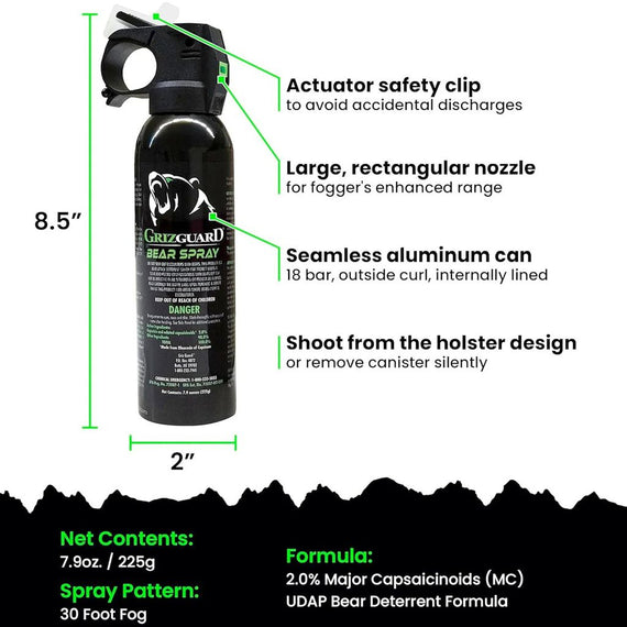 7.9 oz bear spray canister shown upright with glow‑in‑the‑dark safety top and holster beside it
