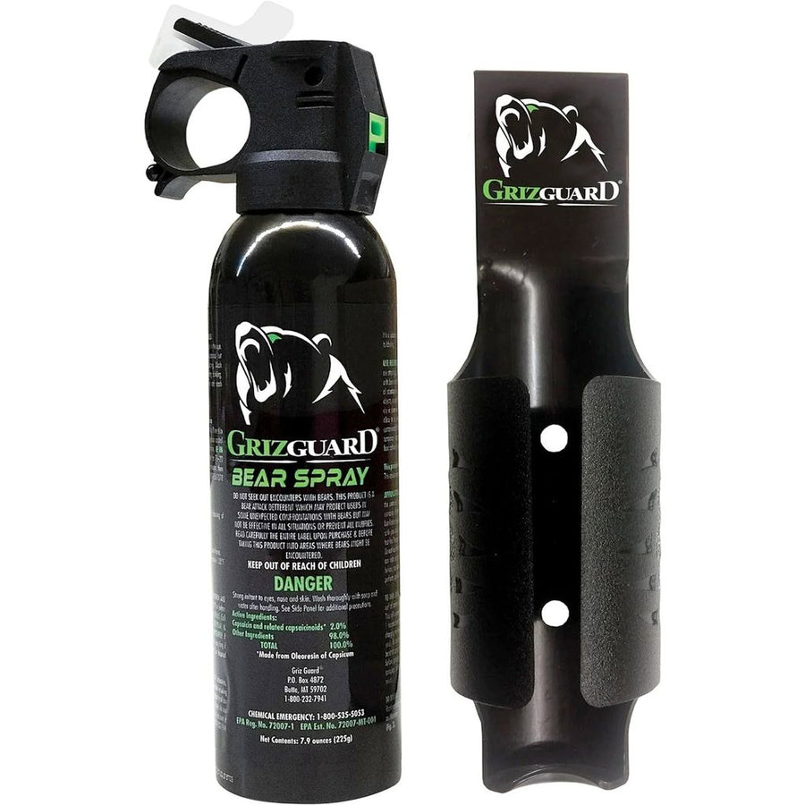 7.9 oz bear spray canister shown upright with glow‑in‑the‑dark safety top and holster beside it