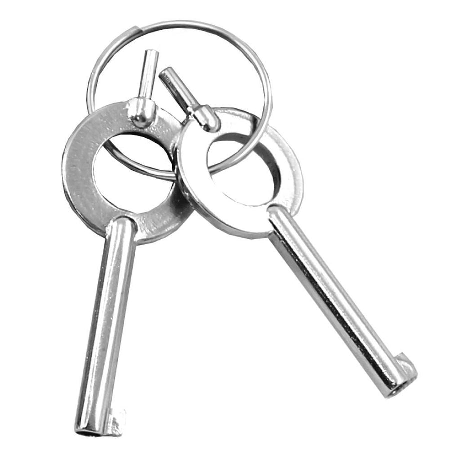 Two universal replacement handcuff keys with attached key rings for most standard handcuffs.