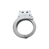 Hinged stainless steel NIJ‑certified handcuffs shown in the locked position with both cuffs closed and hinge assembly centered.
