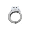 Hinged stainless steel NIJ‑certified handcuffs shown in the locked position with both cuffs closed and hinge assembly centered.