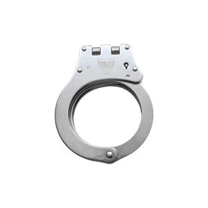 Hinged stainless steel NIJ‑certified handcuffs shown in the locked position with both cuffs closed and hinge assembly centered.