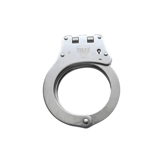 Hinged stainless steel NIJ-approved handcuffs with double-lock mechanism, heat-treated construction, and two matching keys.