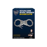 Front panel of the packaging displaying the hinged stainless steel handcuffs and printed specifications.