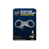 Front panel of the packaging displaying the hinged stainless steel handcuffs and printed specifications.