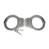 Hinged stainless steel NIJ-approved handcuffs with double-lock mechanism, heat-treated construction, and two matching keys.