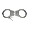 Hinged stainless steel NIJ-approved handcuffs with double-lock mechanism, heat-treated construction, and two matching keys.