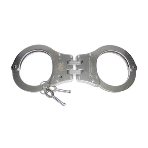 Hinged stainless steel NIJ-approved handcuffs with double-lock mechanism, heat-treated construction, and two matching keys.