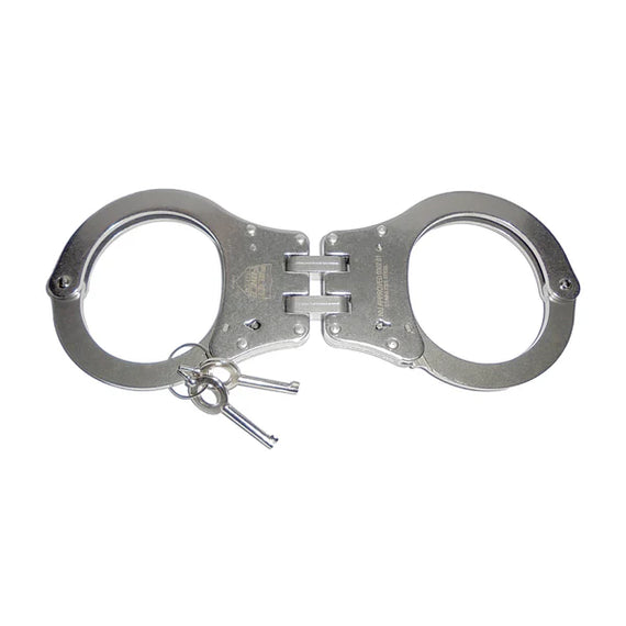 Hinged stainless steel NIJ-approved handcuffs with double-lock mechanism, heat-treated construction, and two matching keys.