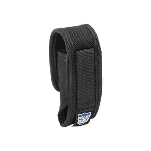 black nylon holster shown upright with flap closed and belt loop visible