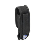 black nylon holster shown upright with flap closed and belt loop visible