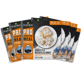 freeze‑dried biscuits and gravy adventure meal case containing six pouches with sausage gravy and biscuit pieces