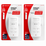 Retail packaging showing two Intermatic magnetic contact alarms with keypads inside a clear blister pack with branded backing.
