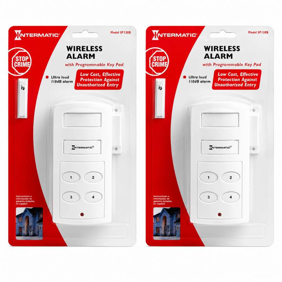 Retail packaging showing two Intermatic magnetic contact alarms with keypads inside a clear blister pack with branded backing.