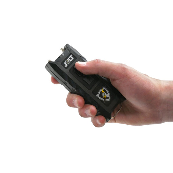 JOLT 3-N-1 Safe Keeper 92 Million Volt rechargeable stun gun with built-in LED flashlight, personal alarm, and metal belt clip.