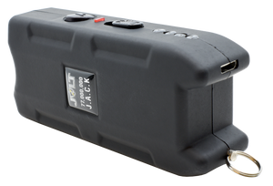 Jolt Jack stun gun shown with black buttons and a visible charge port on the side of the device.