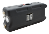 Jolt J.A.C.K. rechargeable keychain stun gun with LED flashlight, USB charging cable, battery indicator, and holster.