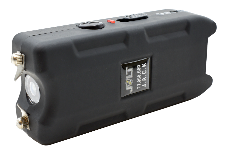 Jolt J.A.C.K. rechargeable keychain stun gun with LED flashlight, USB charging cable, battery indicator, and holster.