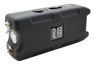 Jolt J.A.C.K. rechargeable keychain stun gun with LED flashlight, USB charging cable, battery indicator, and holster.