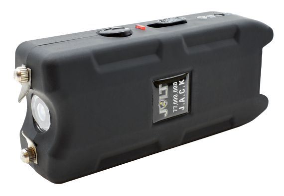 Jolt J.A.C.K. rechargeable keychain stun gun with LED flashlight, USB charging cable, battery indicator, and holster.