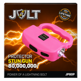 Retail packaging for the pink JOLT Protector stun gun showing product image, branding, and listed features.