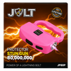 Retail packaging for the pink JOLT Protector stun gun showing product image, branding, and listed features.