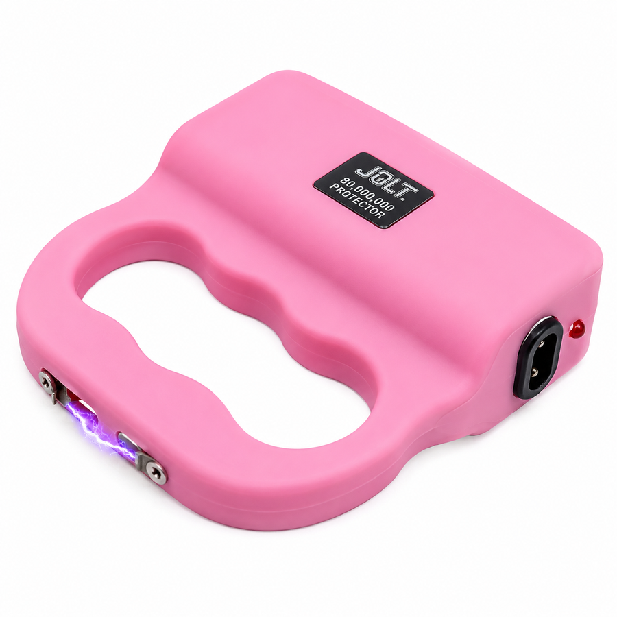 Pink JOLT Protector 80 million volt rechargeable stun gun with squeeze activation, knuckle guard and LED flashlight.