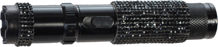 compact tactical stun flashlight featuring a black aluminum housing and decorative rhinestone handle