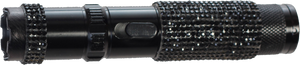 compact tactical stun flashlight featuring a black aluminum housing and decorative rhinestone handle