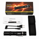 Full contents of the Jolt tactical stun gun flashlight kit displayed, including the device, charging cable, holster, and instruction manual.