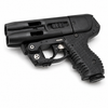 JPX 4 Compact C2 LE black pepper spray gun with integrated laser shown laying flat, highlighting its compact frame and dual‑barrel design.