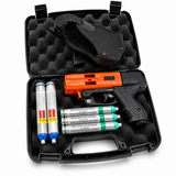 JPX 4 Compact C2 pepper spray gun with bright orange frame shown alongside its fitted black holster in a complete carry bundle.